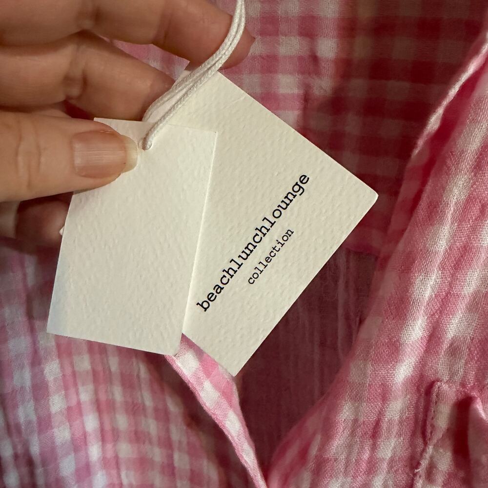 BeachLunchLounge Rose Pink Plaid Gauze Tie Front Shirt NWT Large - Picture 7 of 11